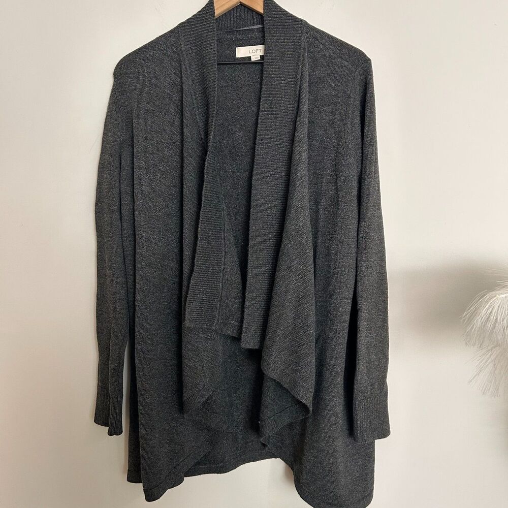 LOFT Drapey Wrap Cardigan Large Gray Open Front Cozy Long